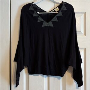 Skunkfunk Black Top with Gray Geometric Accents, BatWing Dolman Sleeves